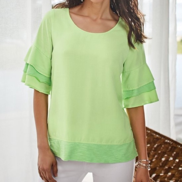 SOFT Surroundings Oakleigh Triple Tiered Sleeve Top Margarita Green Size Medium - Picture 8 of 8